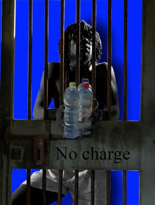 A figure behind cell bars holding two plastic water bottles, “No charge” lettered across the gate
