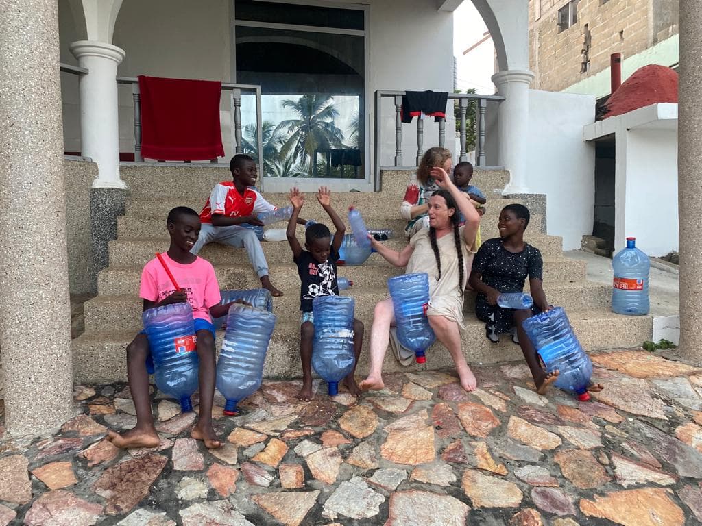 A recycled-material music workshop — reclaimed water bottles as instruments